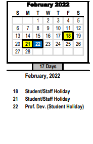 District School Academic Calendar for Children's Center for February 2022