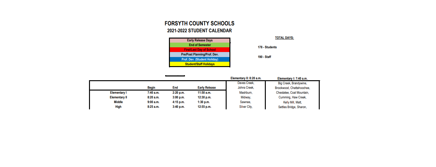 District School Academic Calendar Key for South Fork Elementary