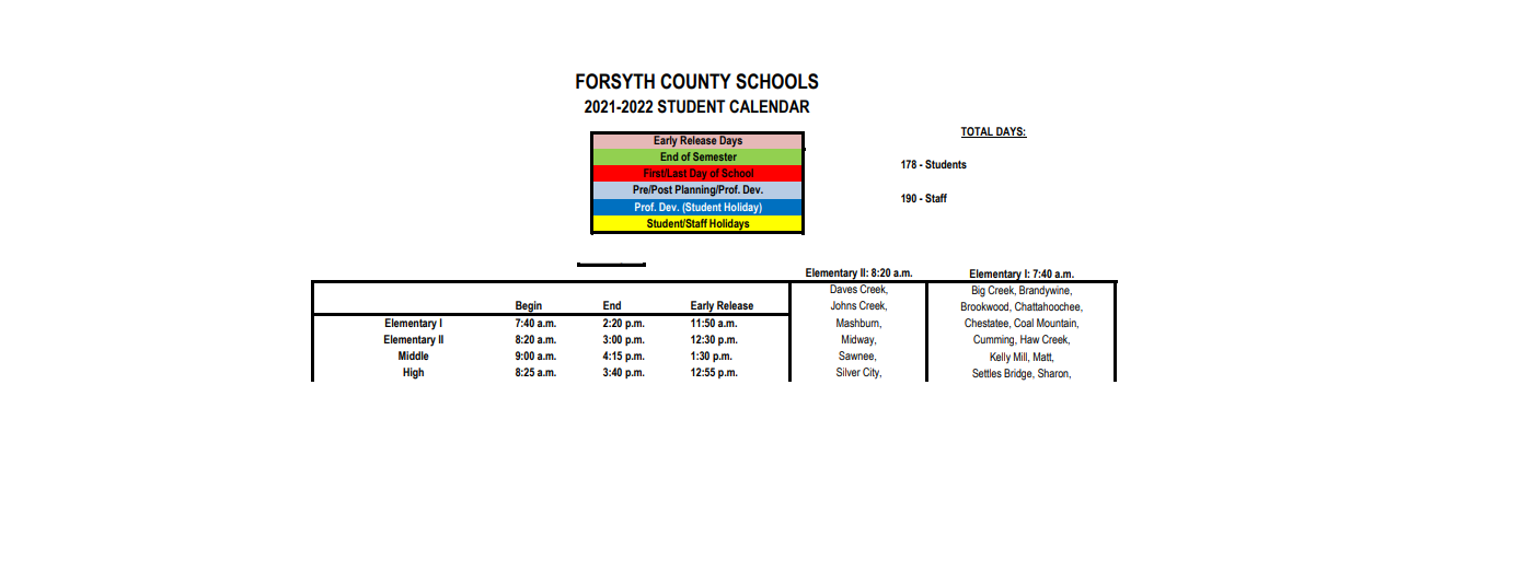 District School Academic Calendar Key for East Forsyth High