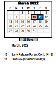 District School Academic Calendar for Middle Fork Elementary for March 2022