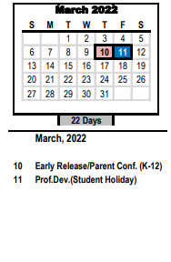 District School Academic Calendar for Children's Center for March 2022