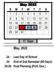 District School Academic Calendar for Hospital/homebound Ed C for May 2022
