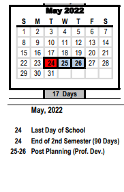 District School Academic Calendar for Middle Fork Elementary for May 2022