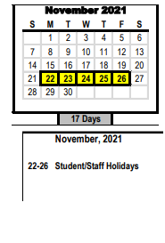 District School Academic Calendar for Children's Center for November 2021