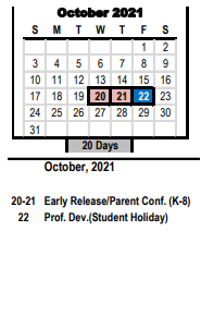 District School Academic Calendar for Middle Fork Elementary for October 2021