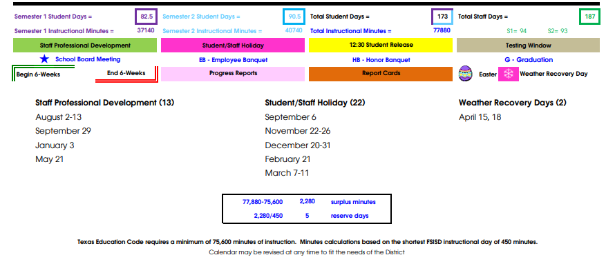 District School Academic Calendar Key for Alamo Elementary