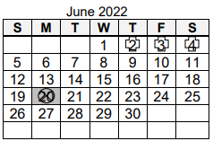 District School Academic Calendar for Memorial Park Middle School for June 2022
