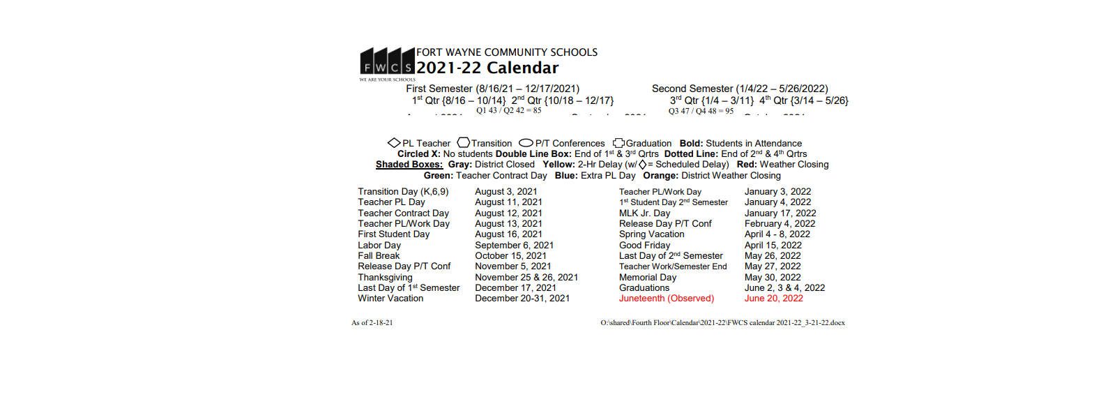 District School Academic Calendar Key for Northwood Middle School