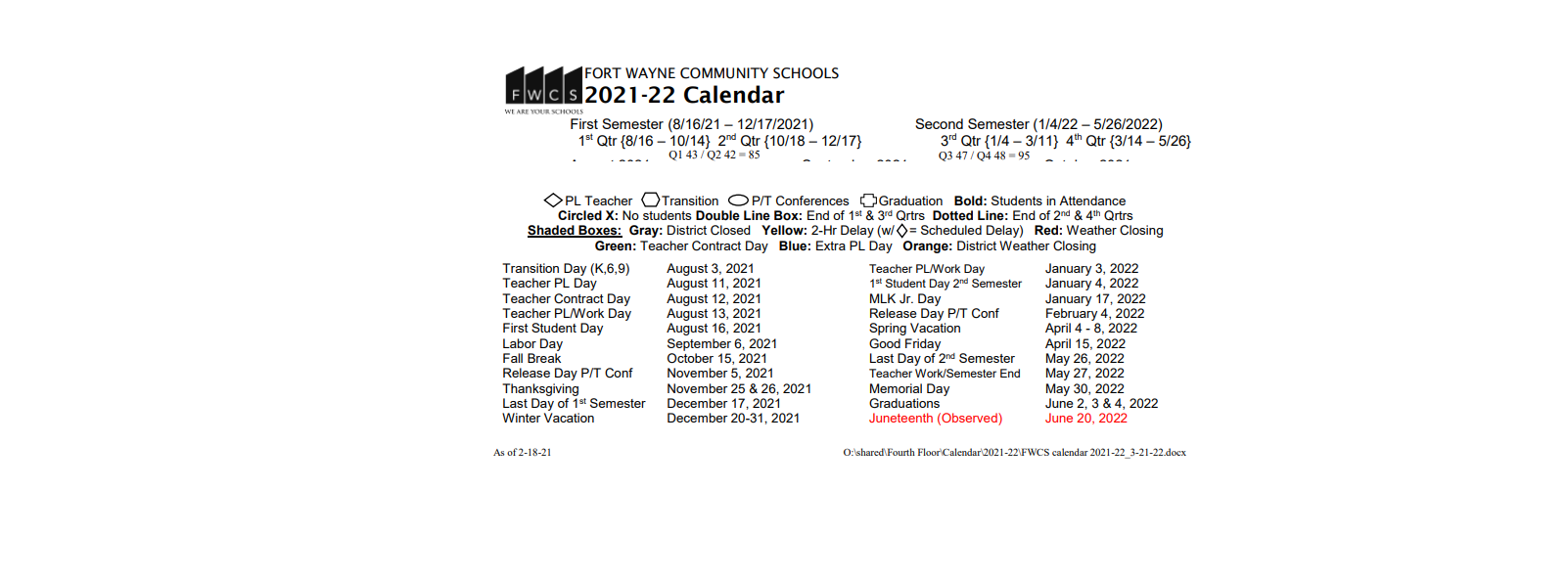 District School Academic Calendar Key for Waynedale Elementary School