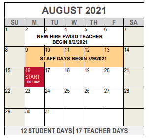 District School Academic Calendar for A M Pate Elementary for August 2021