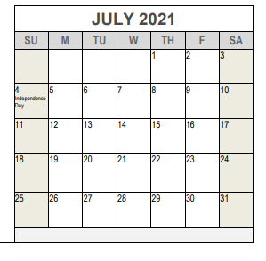 District School Academic Calendar for Insights Learning Center for July 2021