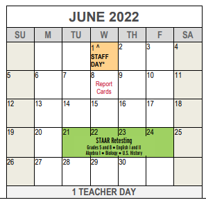 District School Academic Calendar for Van Zandt-guinn Elementary for June 2022