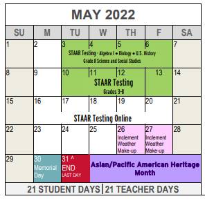 District School Academic Calendar for Westcliff Elementary for May 2022