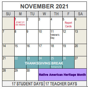 District School Academic Calendar for Assessment Ctr for November 2021