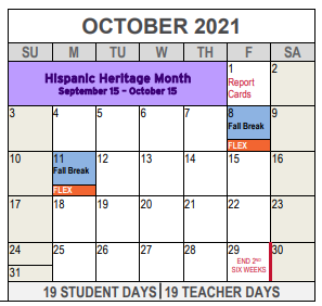 District School Academic Calendar for Bridge Assoc for October 2021