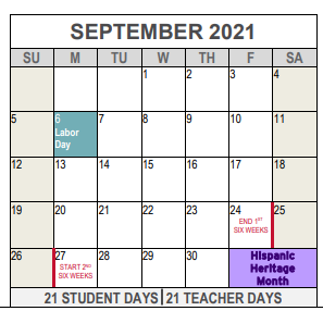 District School Academic Calendar for Richard J Wilson Elementary for September 2021