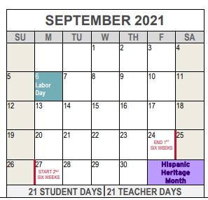 District School Academic Calendar for Adult Education for September 2021