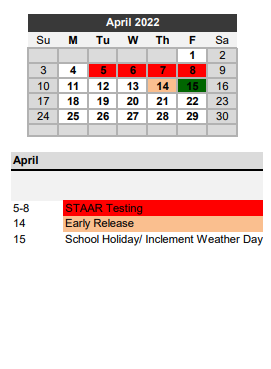 District School Academic Calendar for New High School for April 2022