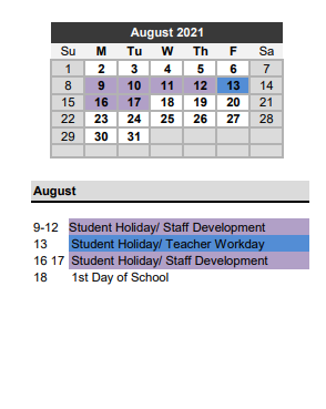 District School Academic Calendar for Franklin Middle for August 2021
