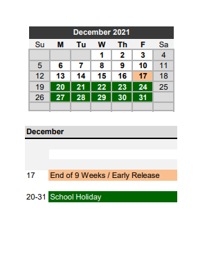 District School Academic Calendar for New High School for December 2021