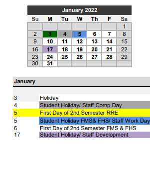 District School Academic Calendar for Franklin Middle for January 2022