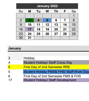 District School Academic Calendar for New High School for January 2022