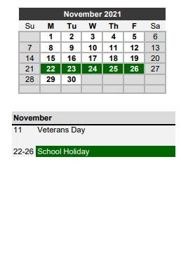 District School Academic Calendar for Franklin Middle for November 2021