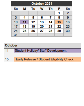 District School Academic Calendar for New High School for October 2021