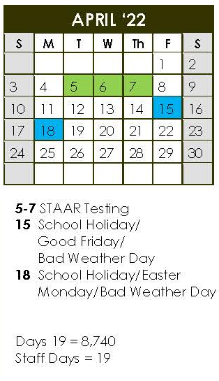 District School Academic Calendar for Fredericksburg Primary School for April 2022