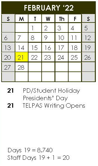 District School Academic Calendar for Fredericksburg Elementary for February 2022