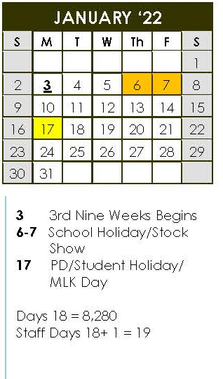 District School Academic Calendar for Fredericksburg Middle for January 2022