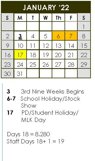 District School Academic Calendar for Stonewall El for January 2022