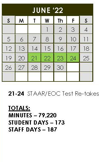 District School Academic Calendar for Fredericksburg Middle for June 2022