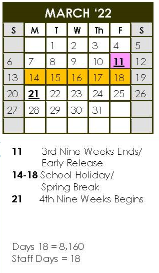 District School Academic Calendar for Fredericksburg Elementary for March 2022