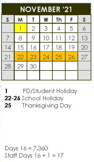 District School Academic Calendar for Fredericksburg Primary School for November 2021