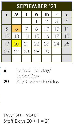 District School Academic Calendar for Fredericksburg Primary School for September 2021