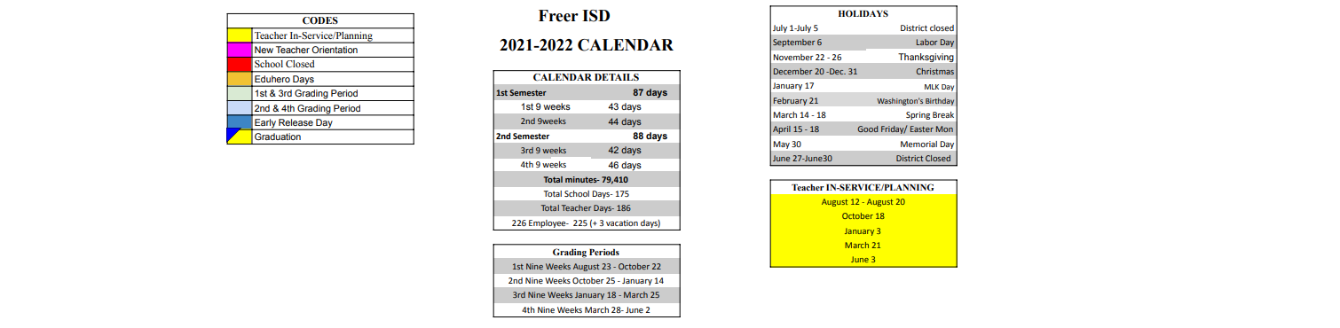 District School Academic Calendar Key for Freer High School