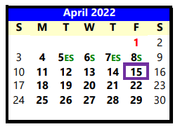 District School Academic Calendar for Lubbock Co J J A E P for April 2022