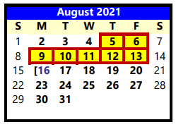 District School Academic Calendar for Frenship High School for August 2021