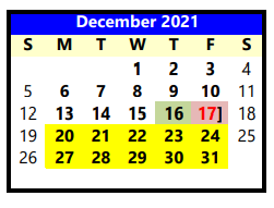 District School Academic Calendar for Lubbock Co J J A E P for December 2021