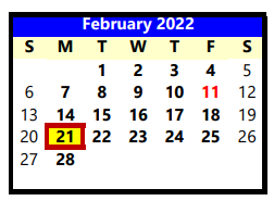 District School Academic Calendar for Lubbock Co J J A E P for February 2022