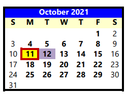 District School Academic Calendar for Lubbock Co J J A E P for October 2021