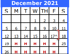 District School Academic Calendar for Westwood El for December 2021