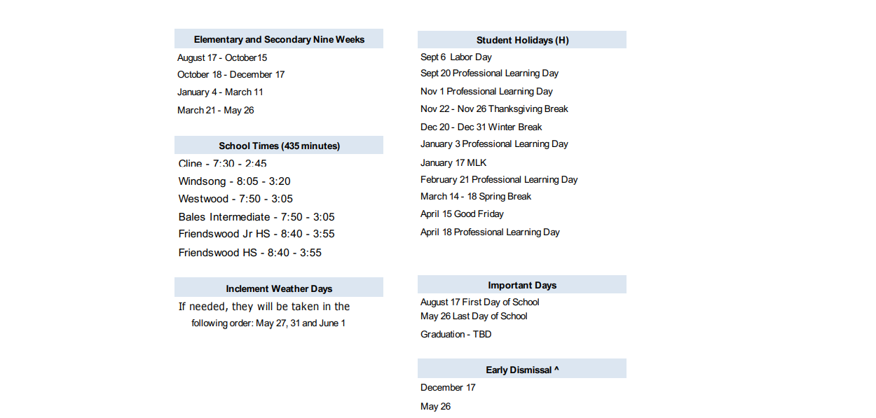 District School Academic Calendar Key for Friendswood J H