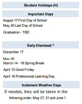 District School Academic Calendar Legend for Windsong Intermediate