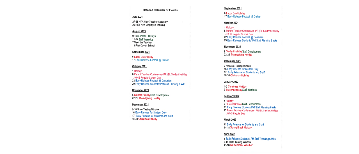 District School Academic Calendar Key for Friona High School