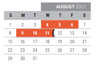 District School Academic Calendar for Acker Special Programs Center for August 2021