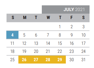 District School Academic Calendar for Mooneyham Elementary for July 2021