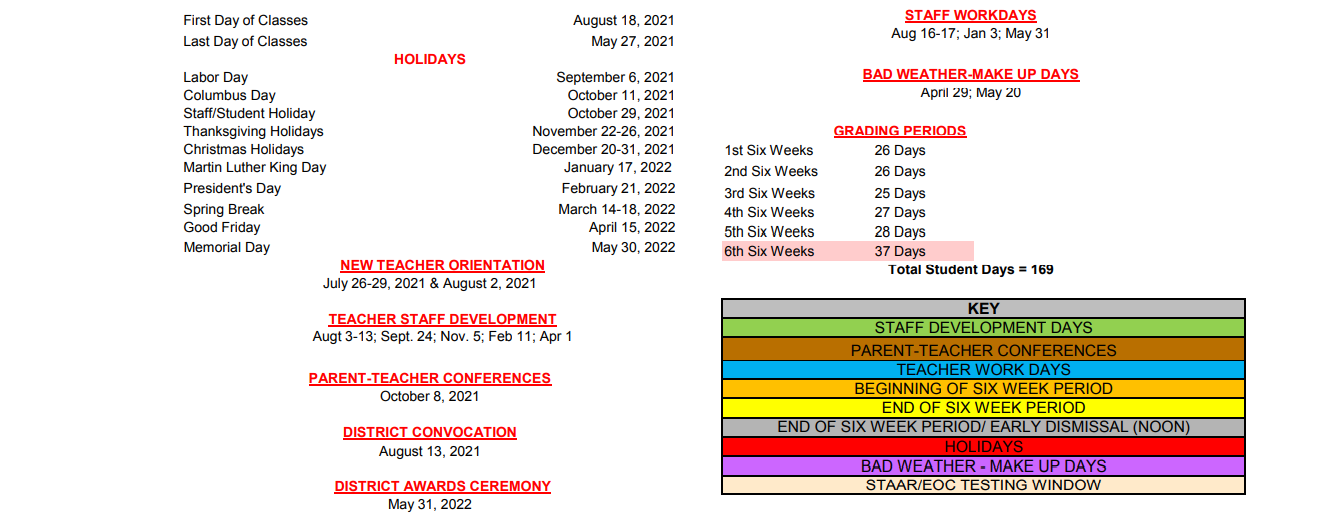 District School Academic Calendar Key for Robert E Lee Int