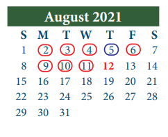 District School Academic Calendar for James B Havard Elementary for August 2021